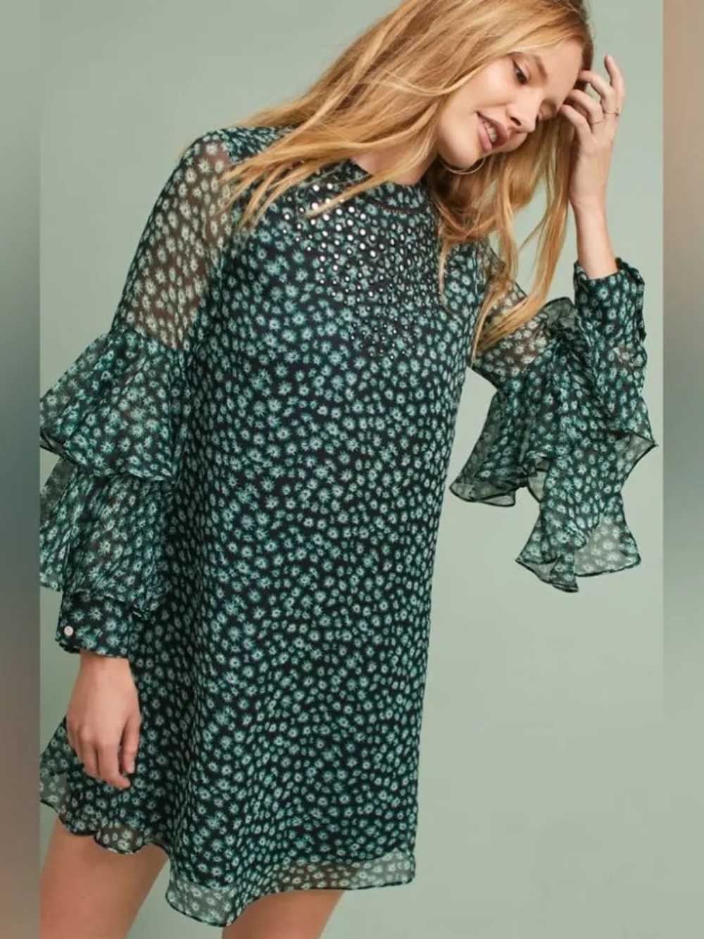 Anthropologie RANNA GILL Green Floral Ruffle-Sleeve Mini Dress SZ XS